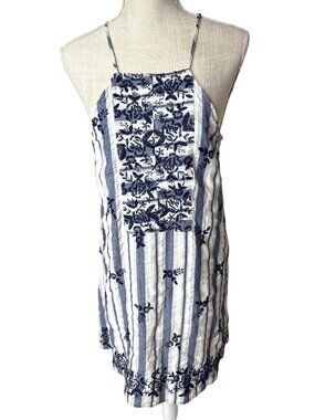 Miami Womens Blue & White Striped Embroidered Sundress Size L